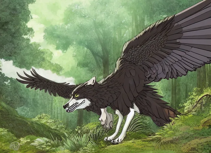 Prompt: a majestic wolf hawk spreading his wings in a mythical forest next to a pathway, dark eyes, by ghibli studio and miyasaki, illustration, great composition