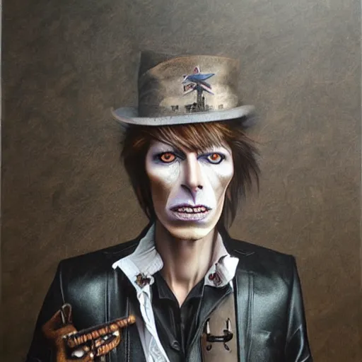 Image similar to a hyperrealistic painting of a steampunk david bowie, by john kenn mortensen, highly detailed,