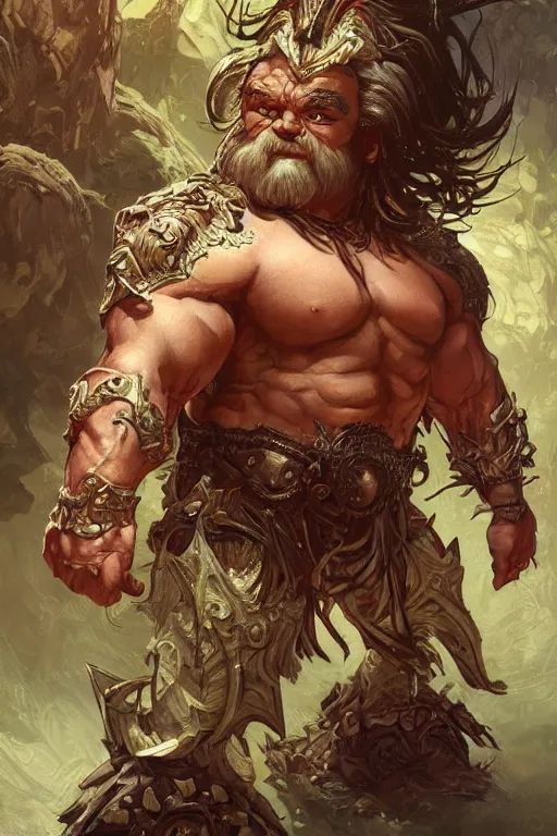 Image similar to portrait of dwarf as a hulking herculean demon, forest, godlike, full body, fantasy, intricate, elegant, highly detailed, digital painting, artstation, concept art, sharp focus, illustration, art by artgerm and greg rutkowski and alphonse mucha