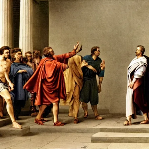 Prompt: a color photograph of the last moments of julius caesar's life, candid photographic snapshot