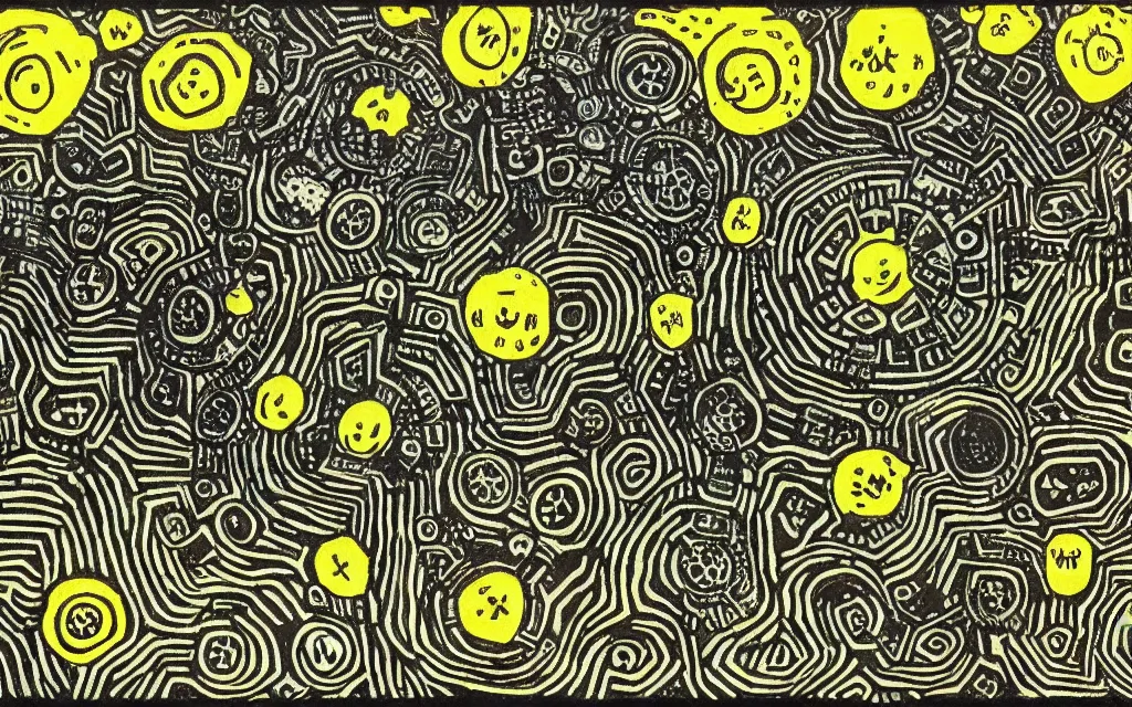 Prompt: complex alien technology in the form of a small device, with strange symbols and buttons by michael deforge and vincent van gogh, style of art brut