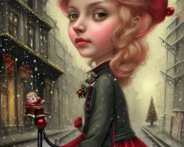 Image similar to closeup profile portrait of victorian london streets, nicoletta ceccoli, mark ryden, lostfish, max fleischer, hyper realistic, artstation, illustration, digital paint, matte paint, vivid colors, bright, cheerful, detailed and intricate christmas environment