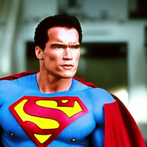 Prompt: 1990s movie still of Arnold Schwarzenegger as superman