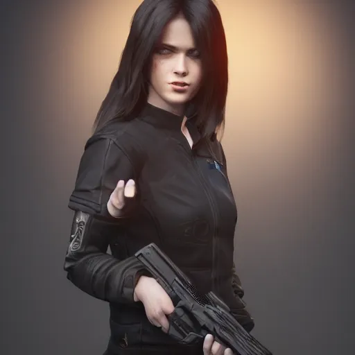 Image similar to photograph of a young woman wearing a all black clothes holding a Gun, detailed, artstation, concept art, Unreal Engine 5 render, gameplay showcase, 8K