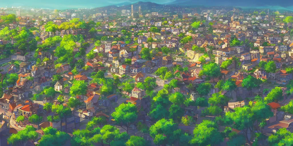 Image similar to beautiful view of a town from a hill, award - winning digital art, anime