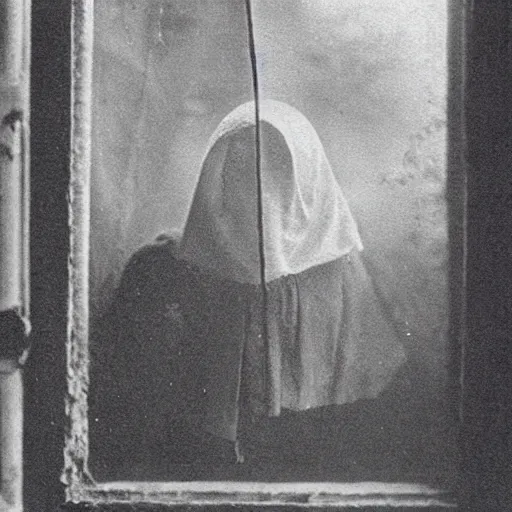 Image similar to “ghost looking in window, 1900’s photo”