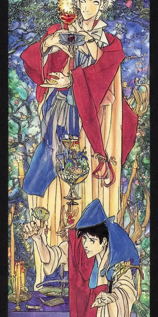 Prompt: a mystical man with a goblet on the table, wizard hat, drawn by Naoko Takeuchi, impressive line work, tarot card. tarot card the magician,