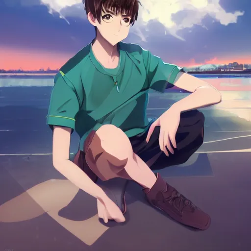 Prompt: a very cool anime boy, full body, sharp brown hair, sky blue eyes, full round face, big smile, green shirt, brown shorts, front view, summer lake setting, cinematic lightning, medium shot, mid-shot, highly detailed, trending on Artstation, Unreal Engine 4k, cinematic wallpaper by Stanley Artgerm Lau, WLOP, Rossdraws, and Sakimichan