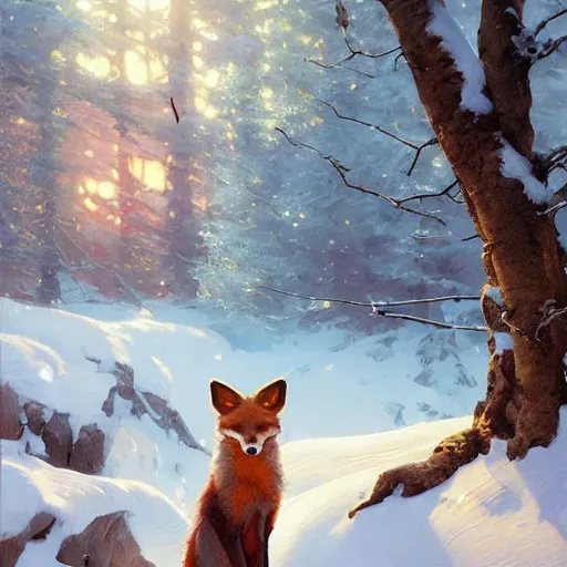 Prompt: sargent and leyendecker and greg hildebrandt, portrait of a fox in the snow, stephen bliss, unreal engine, fantasy art by greg rutkowski, loish, rhads, ferdinand knab, makoto shinkai, ilya kuvshinov, rossdraws, global illumination, radiant light, detailed and intricate environment