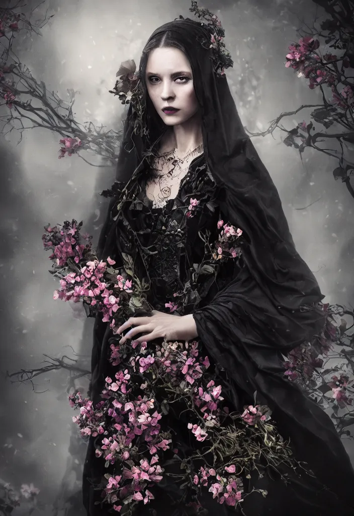 Prompt: a portrait of a beautiful woman wearing a black cloak with flowers and skulls in a romantic style, extremely realistic and highly detailed 8 k, sharp focus, octane render, dramatic volumetric lighting and extremely realistic faces