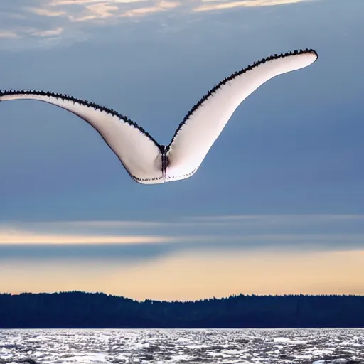 Prompt: a whale flying with wings above the sky