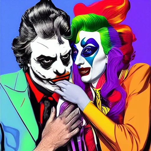 Image similar to richard hamilton and mimmo rottela as lady gaga harley queen and joaquin phoenix joker kissing, pop art, medium long shot, 2 color, justify content center, object details, dynamic composition, 4 k, ultra realistic art, smooth, sharp focus, illustration, concept art, intricate details, h 7 6 8