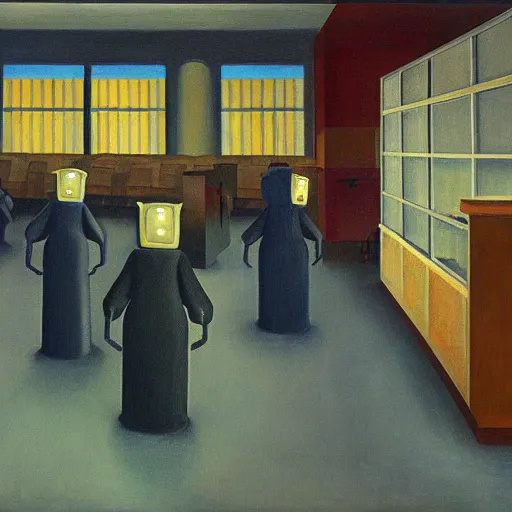 Image similar to robot bishop guards, endless cubicles, end times, grant wood, pj crook, edward hopper, oil on canvas