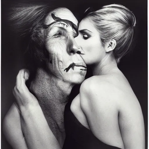 Image similar to the beautiful lady and the wolf, black and white, by richard avedon,