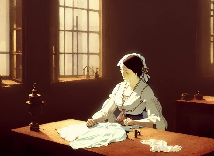 Image similar to victorian britain 1 8 3 5, adolecent florence nightingale sitting and sewing in the parlour of a english victorian manor light from a window on the right, finely detailed perfect art, gapmoe yandere grimdark, trending on pixiv fanbox, painted by greg rutkowski makoto shinkai takashi takeuchi studio ghibli