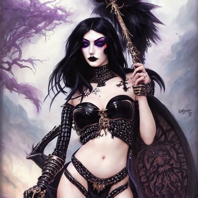 Prompt: portrait of beautiful goth girl cosplay with black hair in warhammer armor, black makeup, string bikini, few tattoos, art by stanley lau and artgem and wlop and magali villeneuve and karol bak and francois boucher and gennady ulybin and valery budanov and gustave boulangerie