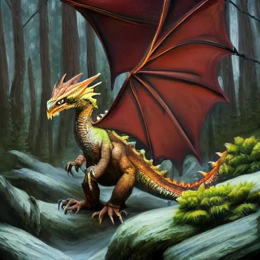 Image similar to oil painting of cute dragon in cold forest, dnd character, background focus, fantasy, lizard legs, magic, realistic textured skin, big lizard head, eagle feather, eagle wings, glowing eyes, clear clean, artgem, boris valejo, goro fujita, frank frazetta, trending on artstation, digital painting, beautiful, very detailed, pixar