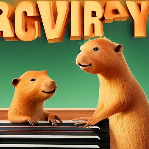 Image similar to Capybara playing on piano at the stage, made by Pixar studio, music cover art,