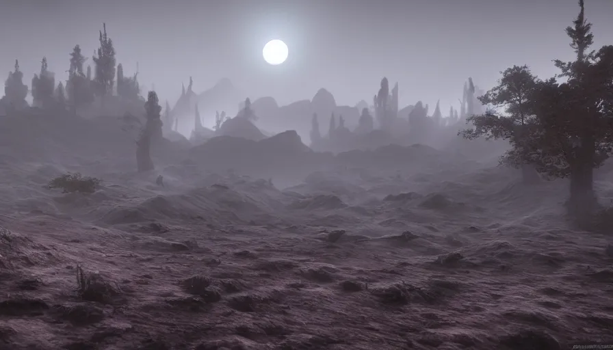 Image similar to foggy landscape on a dark planet by concept art from John Sweeney or Hidetaka Miyazaki, rendered with unreal engine