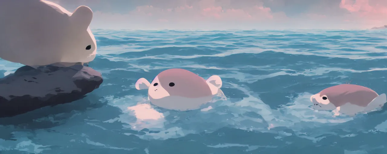 Prompt: a baby harp seal swimming in a tropical river, atey ghailan, goro fujita, studio ghibli, rim light, dark lighting, clear focus, very coherent