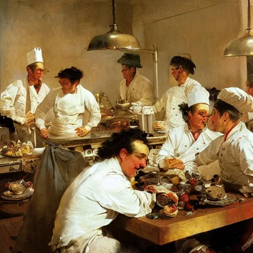 Image similar to a busy kitchen full of chefs, by mead schaeffer and jean - honore fragonard