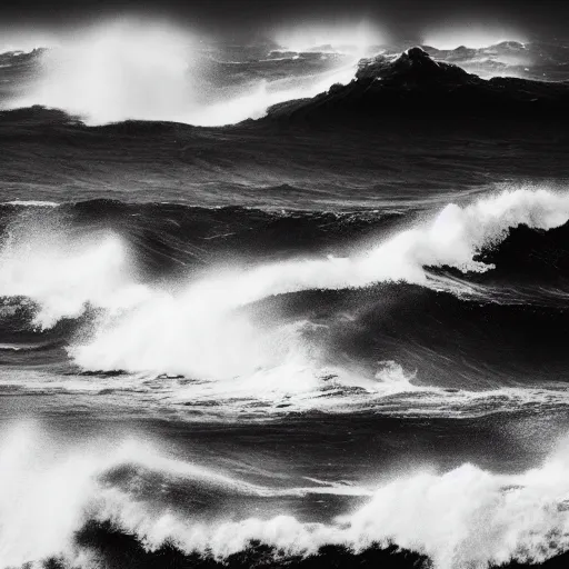 Image similar to dark ocean, towering waves, black, grey - scale, highly turbulent, deep focus, no sky, elevation view, hidden hands and faces