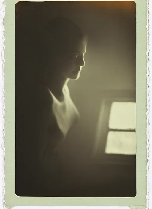 Image similar to a woman looking out a window in the afternoon, flash polaroid photo by george hurrell, hazy light rays, golden hour