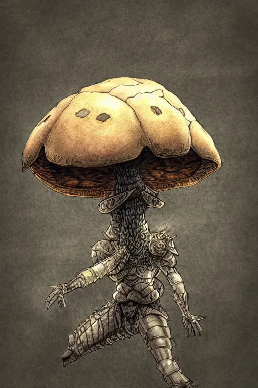 Image similar to armoured warrior mushroom monster, symmetrical, highly detailed, digital art, sharp focus, trending on art station, ambient lighting, kentaro miura art style