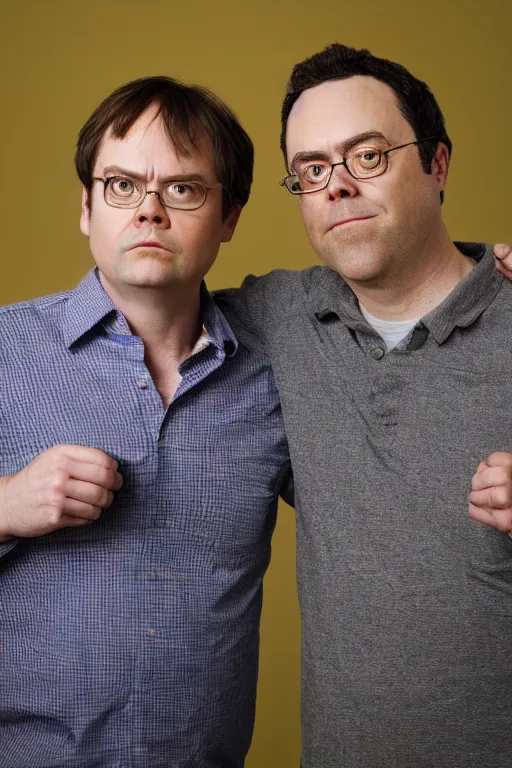 Image similar to portrait photo of dwight schrute and joe lo truglio, close up, high quality, studio lighting, sigma 8 5 mm f / 1. 4