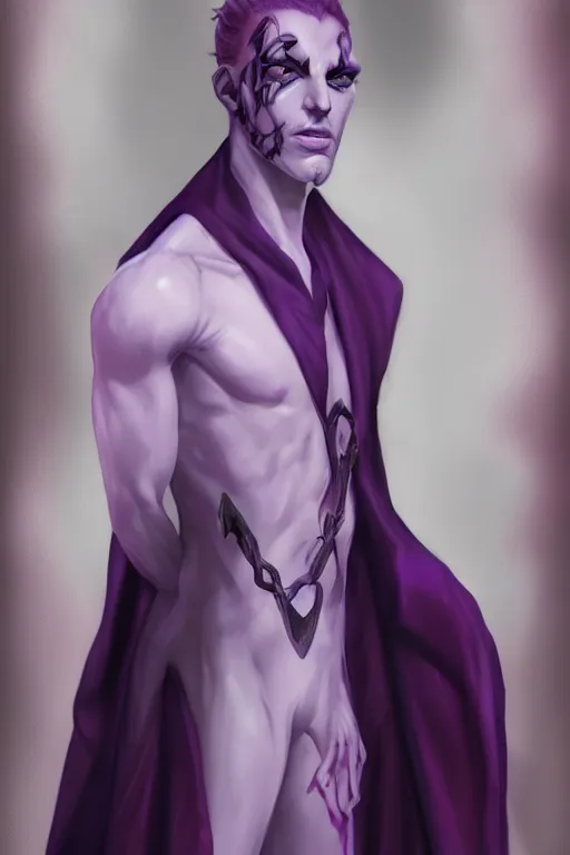 Prompt: male djinn man demon hybrid, portrait, concept art, full body purple and white cloak, single face, illustration, costume design, white horns, editorial photo, fashion, hyperrealism, realism, trending on artstation, Charlie Bowater, WLOP