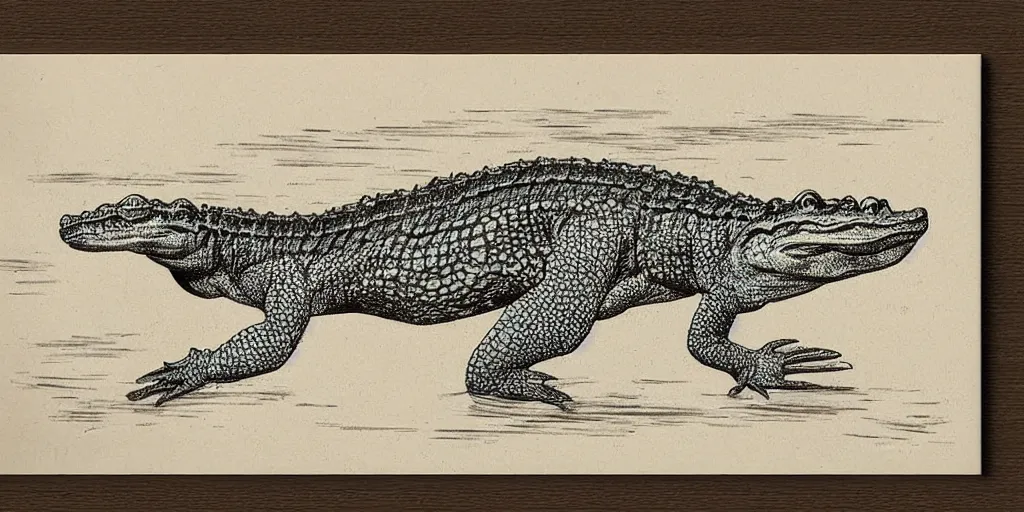 Prompt: vintage drawing of a crocodile, high quality, engraving print,