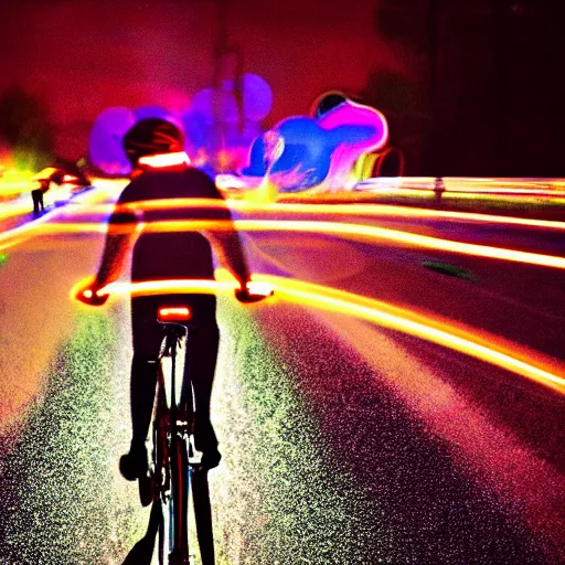 Prompt: a person on a high-tech glowing bicycle with LED lights and a rocket engine, flames and fire shooting out the back, light trails and motion blur, bokeh, night, street, stylized photo