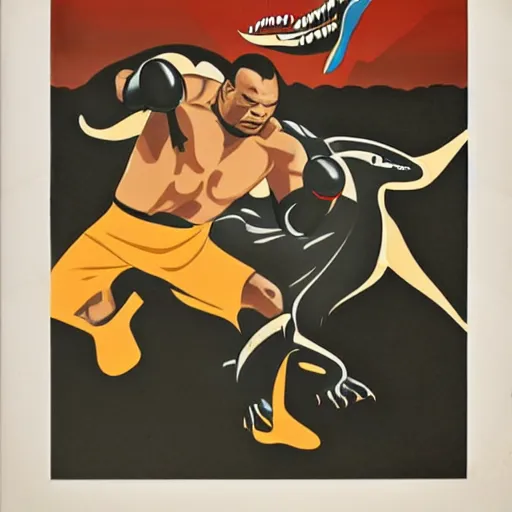 Prompt: art deco portrait of mike tyson fighting a dinosaur