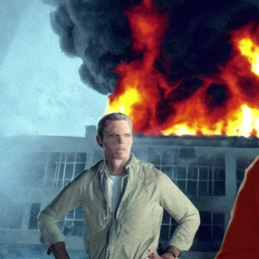 Image similar to Live Action Still of Jerma in The Towering Inferno, real life, hyperrealistic, ultra realistic, realistic, highly detailed, epic, HD quality, 8k resolution, body and headshot, film still