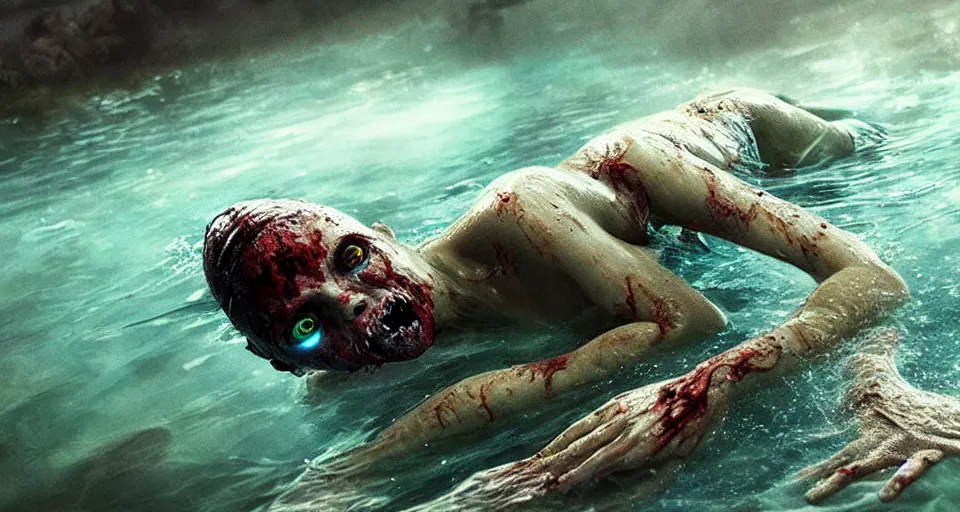 Image similar to highly detailed full body portrait of a zombie swimming underwater in a zombie - apocalypse, in a swimming pool, by greg rutkowski, octane render