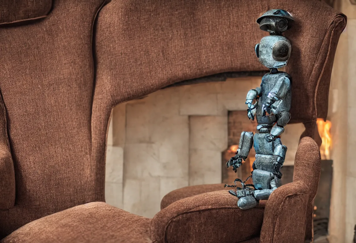 Image similar to An intimate extreme closeup photograph of one lonely robot sitting on a frayed recliner in front of a single beautiful fireplace in a Victorian home