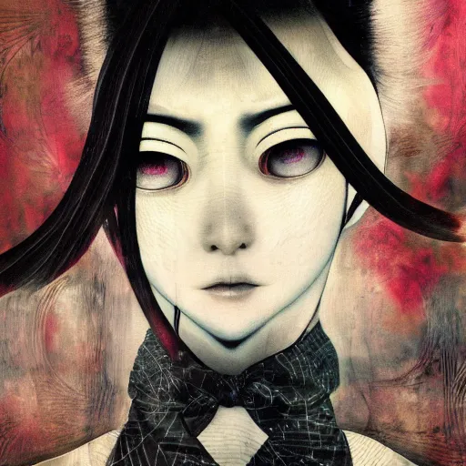 Image similar to yoshitaka amano blurred and dreamy realistic portrait of a woman with black eyes and white hair wearing dress suit with tie, junji ito abstract patterns in the background, satoshi kon anime, noisy film grain effect, highly detailed, renaissance oil painting, weird portrait angle, blurred lost edges, three quarter view