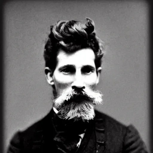 Image similar to A photograph portrait of Jerma985 with crazy wavy hair a pyramidal mustache in the late 1800s, taken in the late 1800s, 1870s, grainy, taken on a Field View Camera, realistic, hyperrealistic, very realistic, highly detailed, very detailed, extremely detailed, detailed, digital art, trending on artstation