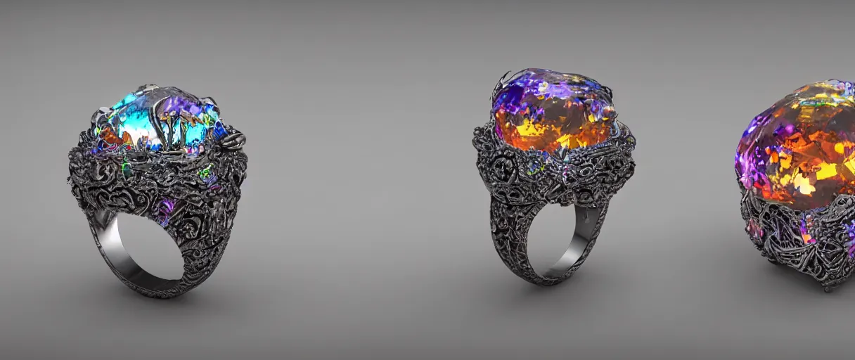 Image similar to magic crystal ring, fire, stone, crystal, engravings, diamonds, highly detailed, colorful, art by gerald brom, greg rutkowski, photo realism, unreal engine, c 4 d