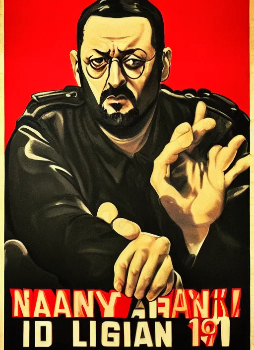 Image similar to Portrait Jean Reno gesture,look of hate, threatening pose, 1940s propaganda poster, full hd,highly detailed