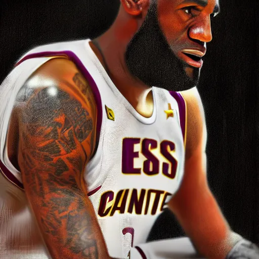 Prompt: lebron james solemn at tea party, melancholy, high detail shot, smoking, render, cgsociety, photorealism