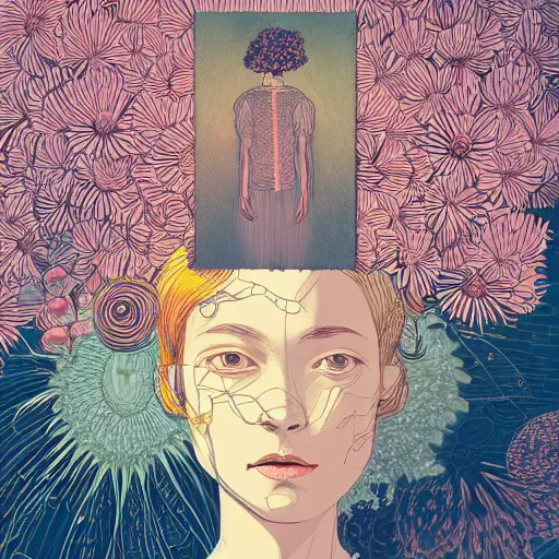 Image similar to portrait, huge daisy flower as a head, woman in modern apartment, surreal, dramatic light, by victo ngai by james jean, by rossdraws, frank franzzeta, mcbess