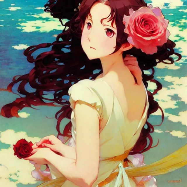 Image similar to beautiful rose anime girl, krenz cushart, mucha, ghibli, by joaquin sorolla rhads leyendecker, by ohara koson