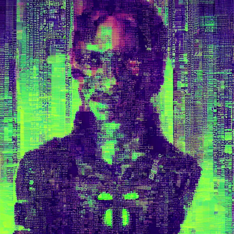 Prompt: Glitch-art portrait of cool cyberpunk hacker in style of John Nelson, realistic