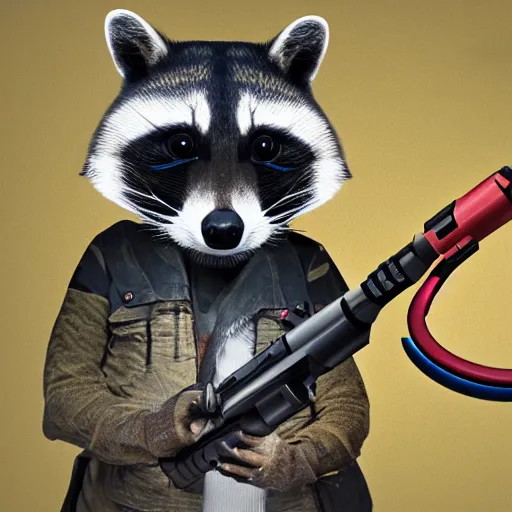 Image similar to racoon holding a laser gun, digital art , centred award winning 4K