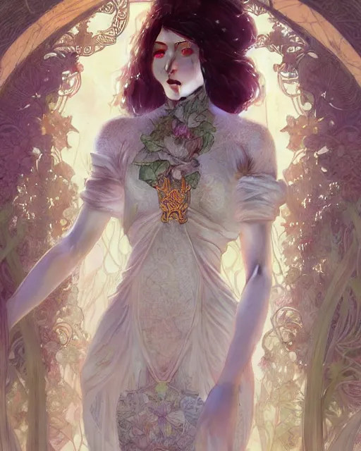 Image similar to Floralpunk elysian Maiden of radiant light wearing ivory lace dress made of stardust by Ruan Jia and artgerm, award winning art, Artstation, art nouveau aesthetic, Alphonse Mucha background, intricate details, semi-realistic, full view