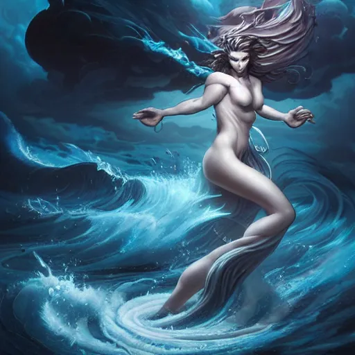 Image similar to powerful goddess of water clothed in swirling water striding through a stormy sea, highly detailed matte fantasy painting, stormy lighting, by Ross Tran and Artgerm and Peter Mohrbacher