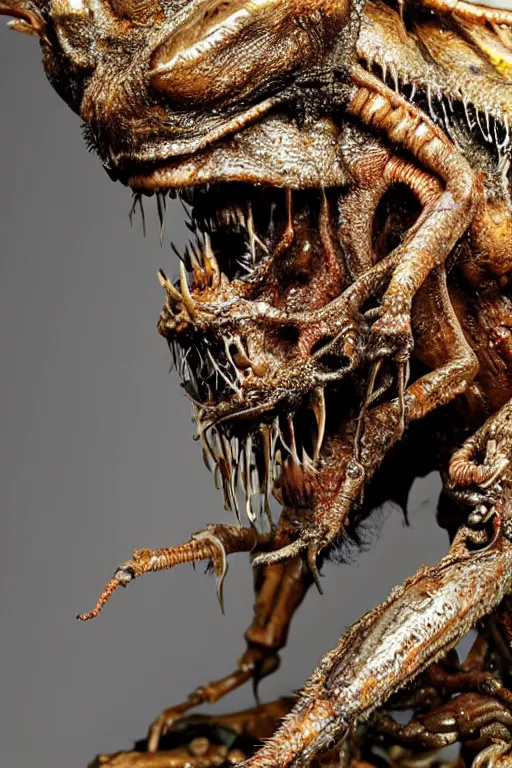 Prompt: photo taken of an epic intricate, ultra detailed, super realistic gritty, wet, slimy, lifelike sculpture of a nightmarish hellish insectoid creature created by weta workshop, menacing, some zoomed in shots, photorealistic, sharp focus, white wall coloured workshop, extremely cold blueish colour temperature, f 0. 4, full body shot, golden ratio