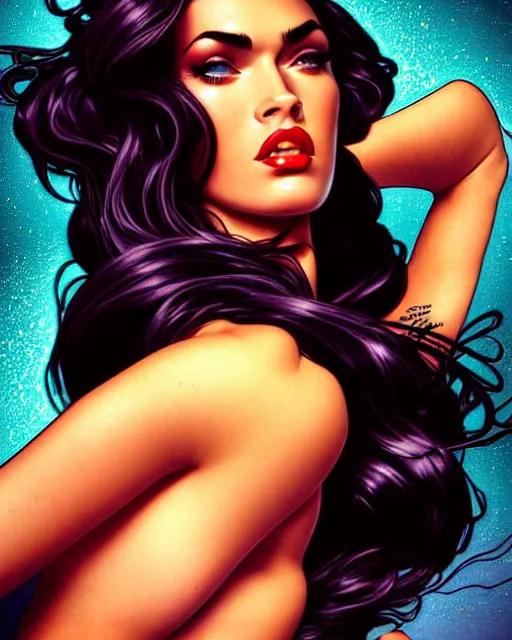 Image similar to low angle closeup beautiful seductive megan fox retro scifi pinup, action glamour pose, windblown dark hair, hyper detailed, digital art, studio lighting, smooth, ambient volumetric lighting, sharp focus, frank miller, wlop, anna dittmann, alphonse mucha, patrick nagle!!, rim lighting, synthwave