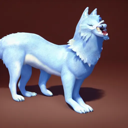 Prompt: 3 d render, well toned, large and tall, female, anthropomorphic wolf with a short snout, blue scales with white spots, no fur, icey blue dress, scales covering her chest.